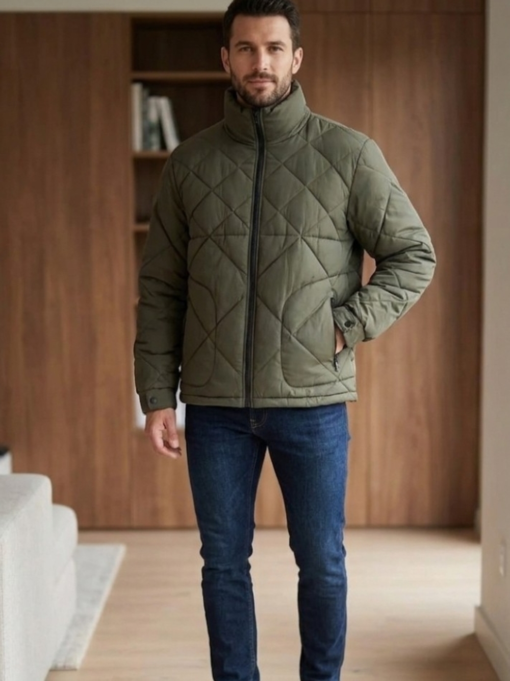 Old Navy Mens Olive Quilted Puffer Jacket - Size Med EUC